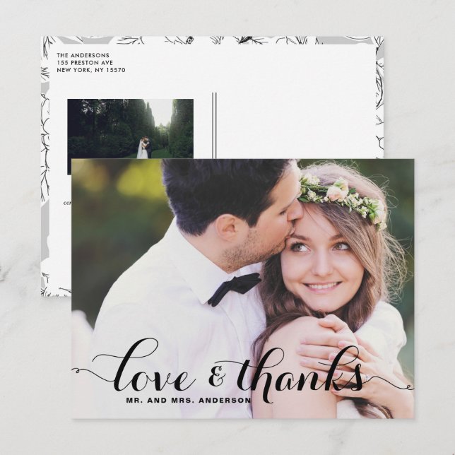 Love and Thanks Whimsical Script Photo Wedding Postcard (Front/Back)