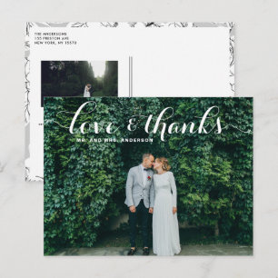 Love and Thanks Whimsical Script Photo Wedding Postcard