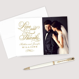 Love and Thanks White Antique Gold Wedding Photo Thank You Card