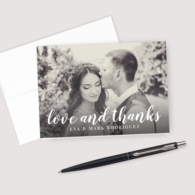Love and Thanks White Script Wedding Sepia Photo Thank You Card (Creator Uploaded)
