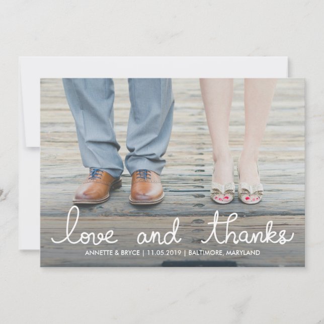 Love And Thanks White Typography Wedding Photo Thank You Card (Front)