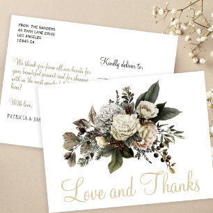 Love and thanks winter floral wedding thank you postcard