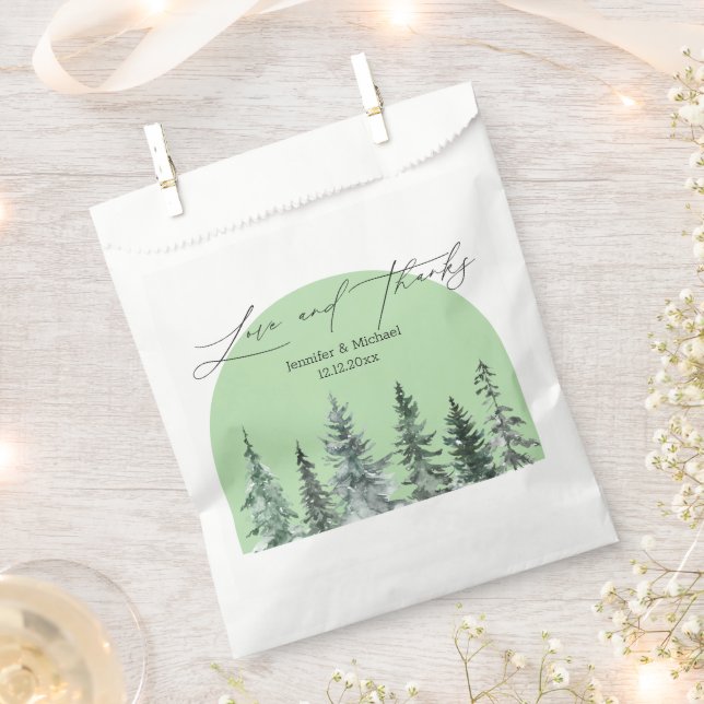 love and thanks, winter pine trees arch wedding favour bags (Clipped)