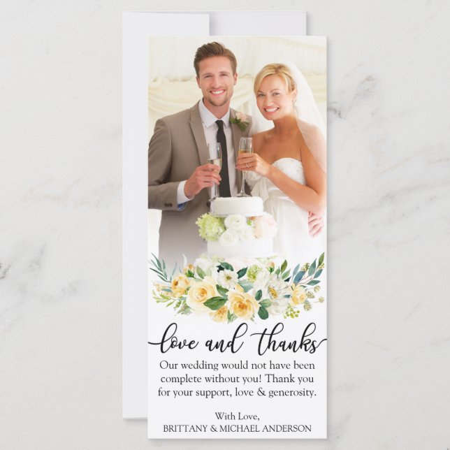 Love and Thanks Yellow Floral Wedding Photo Card (Front)