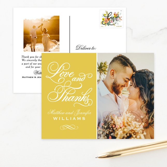 Love and Thanks Yellow Wedding Photo Thank You Postcard (Creator Uploaded)