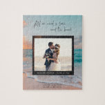 Love and the Beach Wedding Photo Jigsaw Puzzle<br><div class="desc">Wedding keepsake puzzle for a beach destination wedding celebration. Customize with background photo (or use sample sunset on the beach) and add your wedding photo, names, wedding date, wedding location and coordinates. To get the coordinates of your wedding location - just google search the name of the place and the...</div>