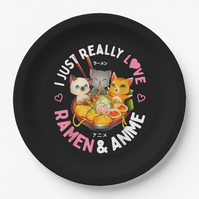 Love Anime and Ramen Japanese Noodles Cat Kawaii Paper Plate (Front)