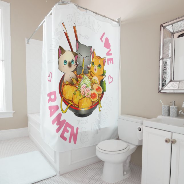 Love Anime and Ramen Japanese Noodles Neko Kawaii Shower Curtain (In Situ)
