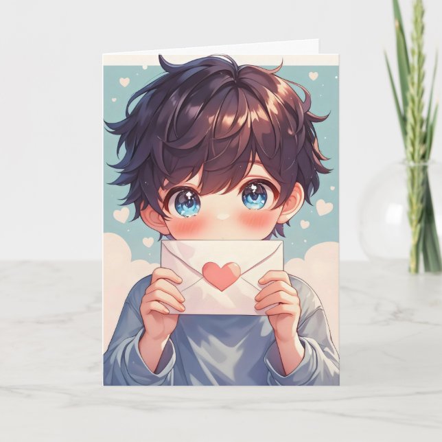 Love Anime Cute Boy Holiday Card (Front)