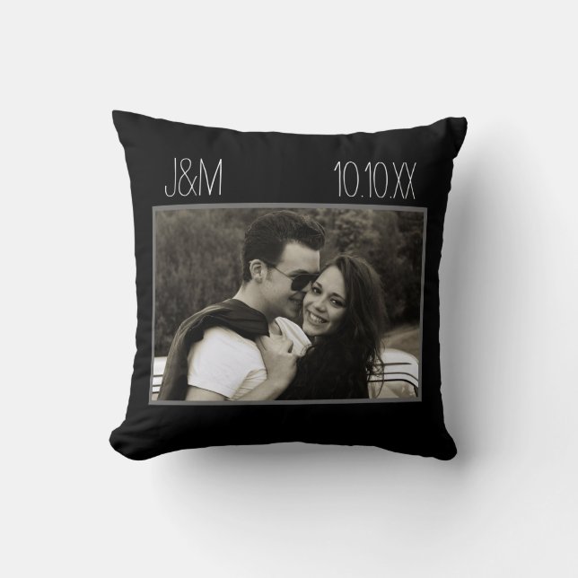 Love Anniversary Couple Photo Date Initials Black Cushion (Front)