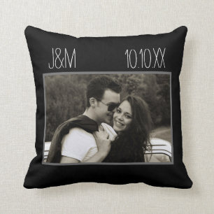 Love Anniversary Couple Photo Date Initials Black Cushion