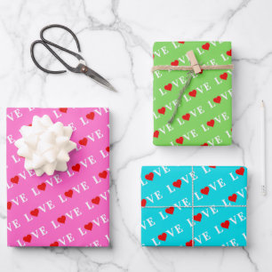 LOVE Aqua Blue Lime Green Pink Wrapping Paper Sheet