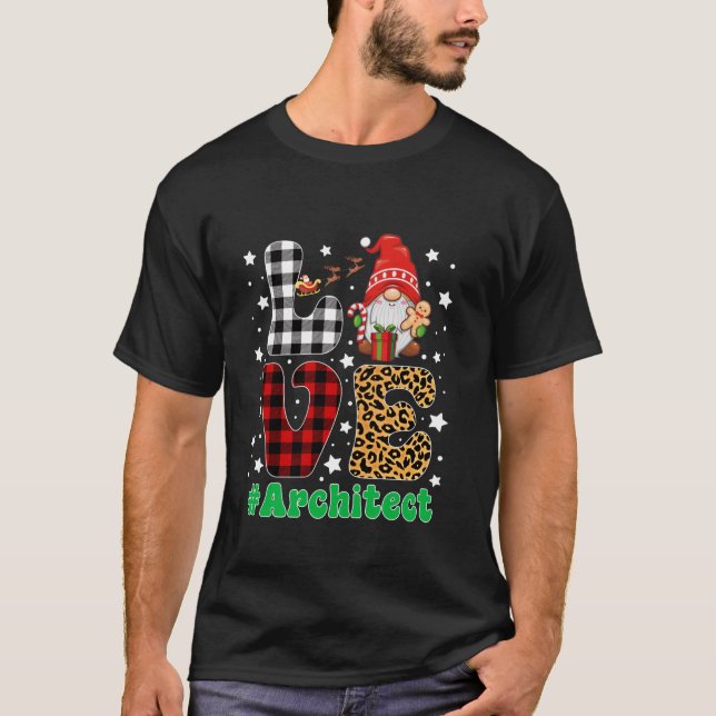 Love Architect Gnome Christmas Leopard Plaid Xmas  T-Shirt (Front)