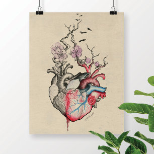 Love art two anatomical hearts with flowers Poster