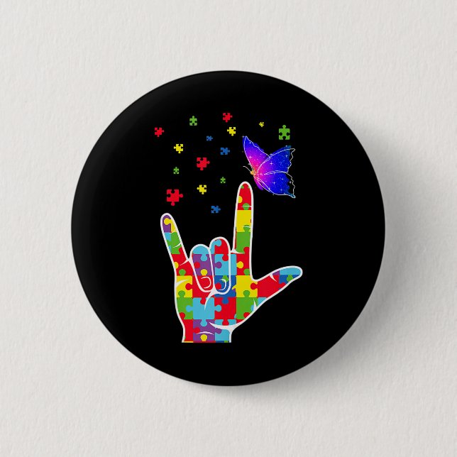 Love ASL Sign Language Puzzle Butterfly Autism Awa 6 Cm Round Badge (Front)