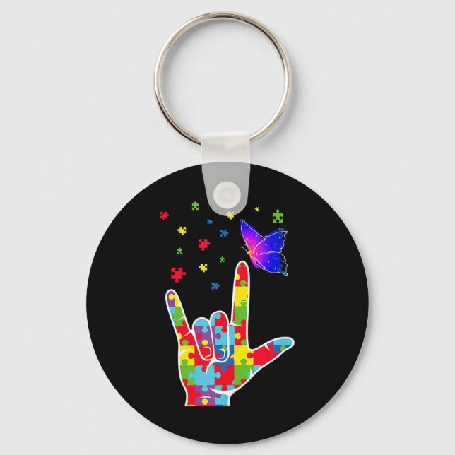 Love ASL Sign Language Puzzle Butterfly Autism Awa Key Ring (Front)