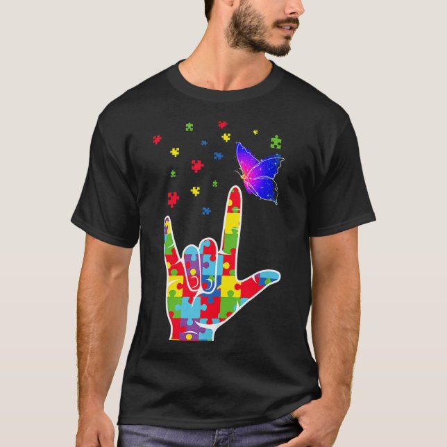Love ASL Sign Language Puzzle Butterfly Autism Awa T-Shirt (Front)