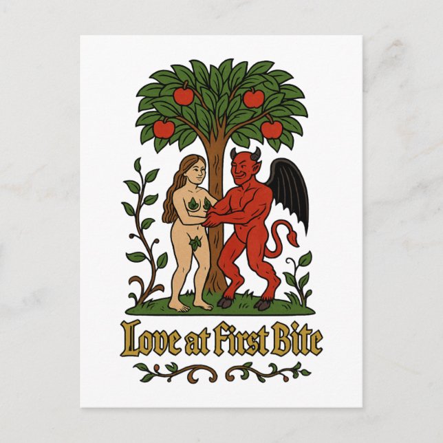 Love at First Bite – Mediaeval Devil & Eve Meme Postcard (Front)