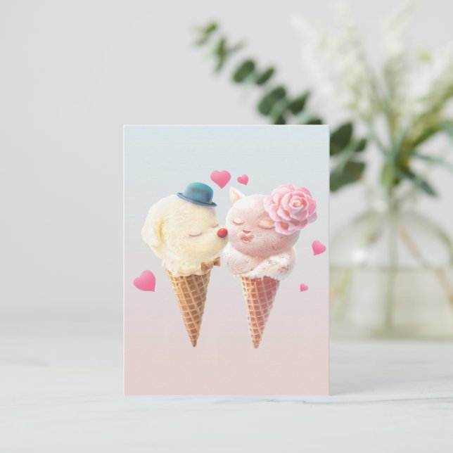 Love at First Lick: Bichon & Cat Ice Cream Art Announcement Postcard (Standing Front)