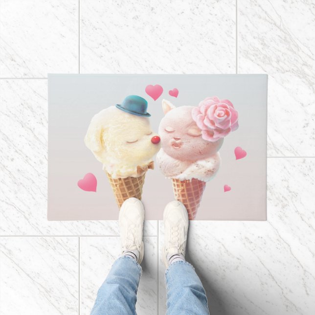 Love at First Lick: Bichon & Cat Ice Cream Art Doormat (Indoor)