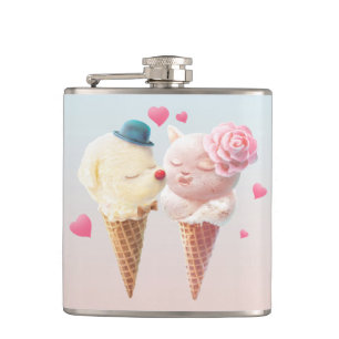 Love at First Lick: Bichon & Cat Ice Cream Art Hip Flask