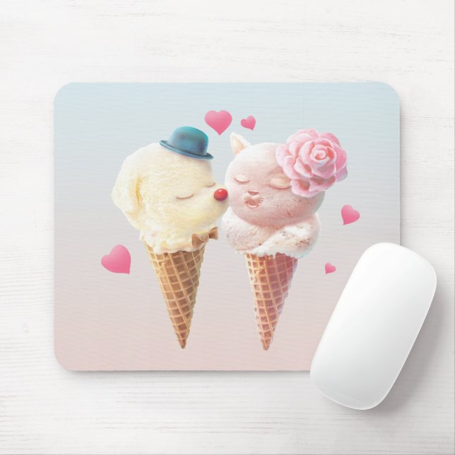 Love at First Lick: Bichon & Cat Ice Cream Art Mouse Mat (With Mouse)
