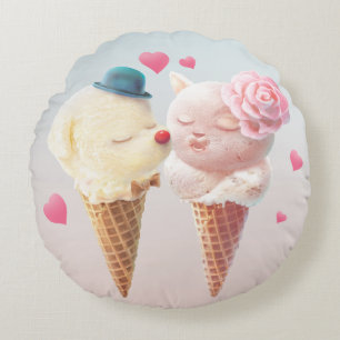 Love at First Lick: Bichon & Cat Ice Cream Art Round Cushion