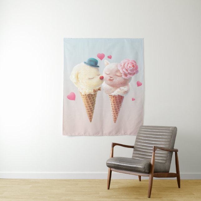 Love at First Lick: Bichon & Cat Ice Cream Art Tapestry (In Situ)