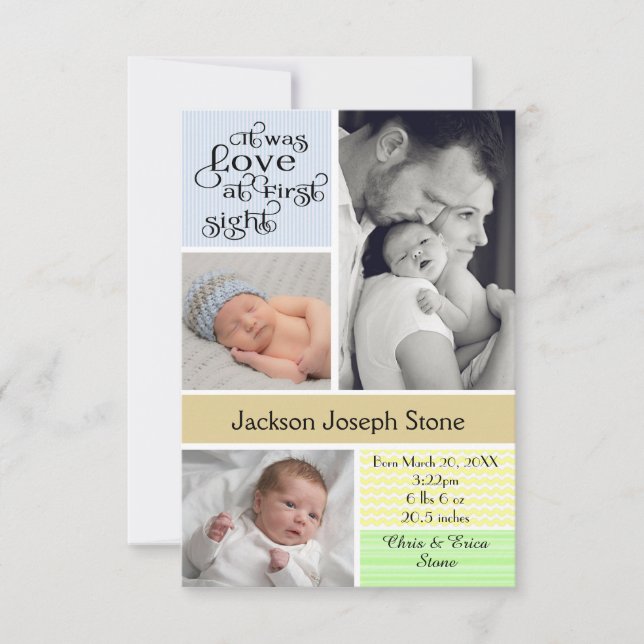 Love at First Sight Colourful Collage - 3x5 Boy Announcement (Front)