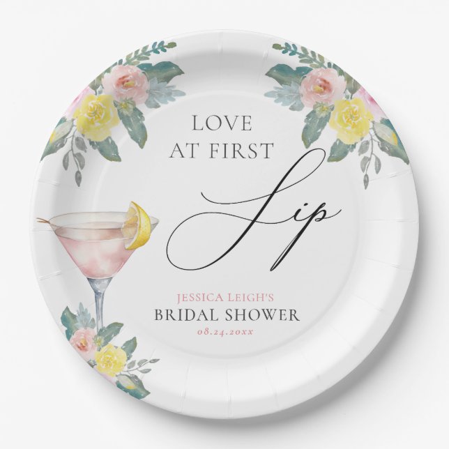 Love at First Sip Bright Cocktail Bridal Shower Paper Plate (Front)
