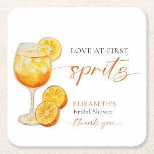 Love at First Spritz Bridal Shower Aperol Custom Square Paper Coaster