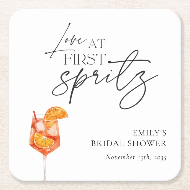 Love at First Spritz Bridal Shower Square Paper Coaster (Front)