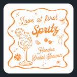 Love at first spritz bridal shower square sticker<br><div class="desc">Add a fun touch to your celebration with Personalised Tequila Sunrise Bachelorette Napkins! Perfect for a tequila sunrise bachelorette theme, these napkins are ideal for Mexico bachelorette party themes and tequila themed bachelorette parties. Whether you're planning a Palm Springs bachelorette, a pool party bachelorette, or embracing beach bachelorette party themes,...</div>