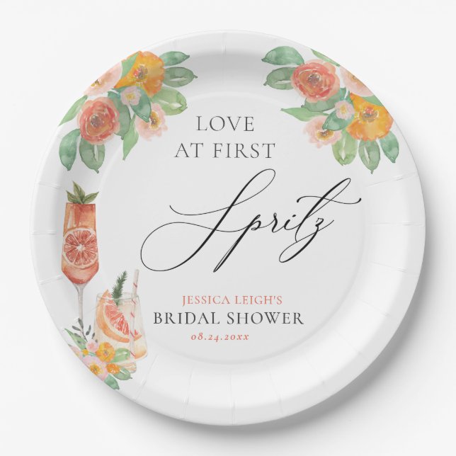 Love at First Spritz Bright Cocktail Bridal Shower Paper Plate (Front)