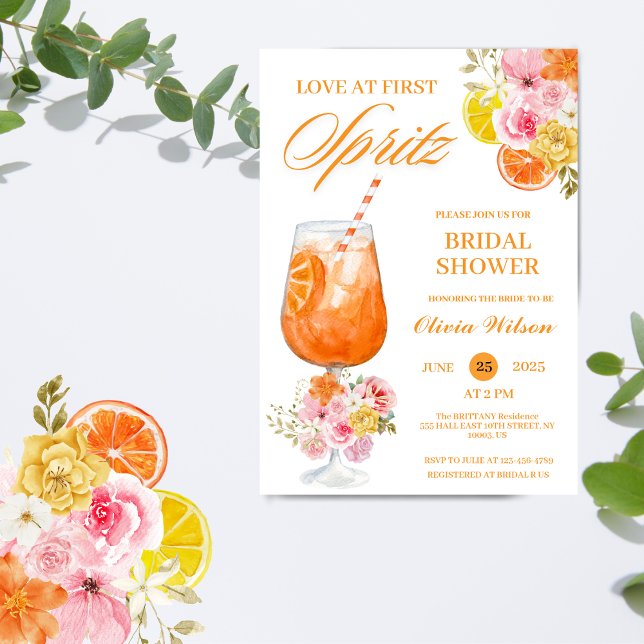 Love at First Spritz Floral Cocktail Bridal Shower Invitation (watercolor bridal shower wedding invitation cocktail drink modern elegant chic citrus silces orange )