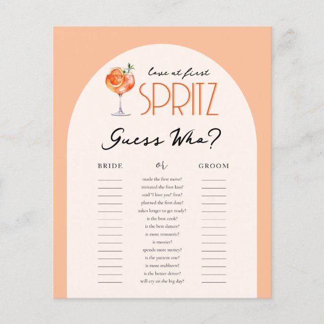Love at First Spritz Guess Who Bridal Shower Game (Front)