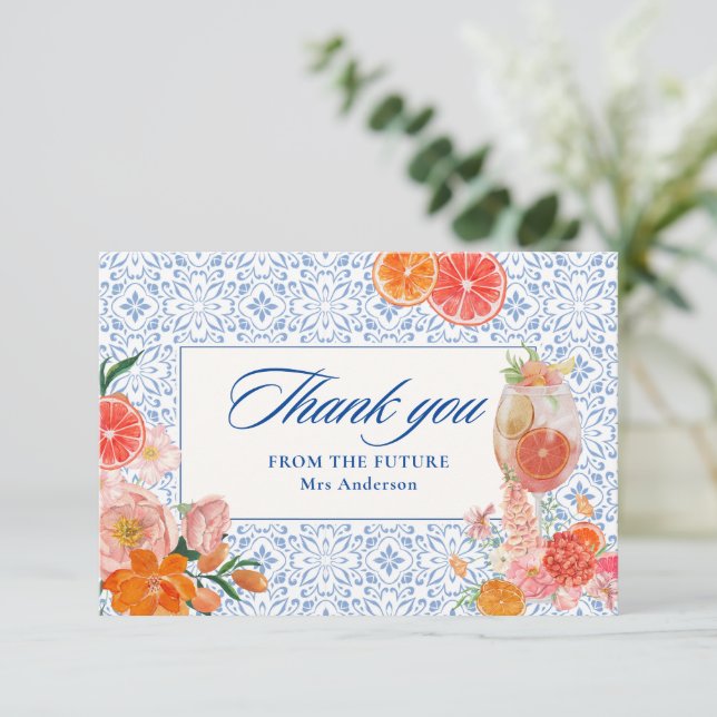 Love at first spritz mediterranean Bridal Shower  Thank You Card (Standing Front)