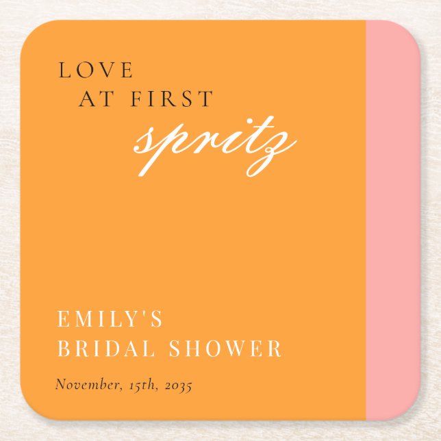 Love at First Spritz Modern Bridal Shower Square Paper Coaster (Front)