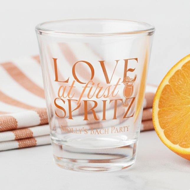 Love at First Spritz Modern Orange Bachelorette Shot Glass (Celebrate bubbly beginnings with this “Love at First Spritz” design!)