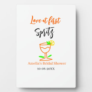 Love at first spritz orange black bridal shower gl plaque