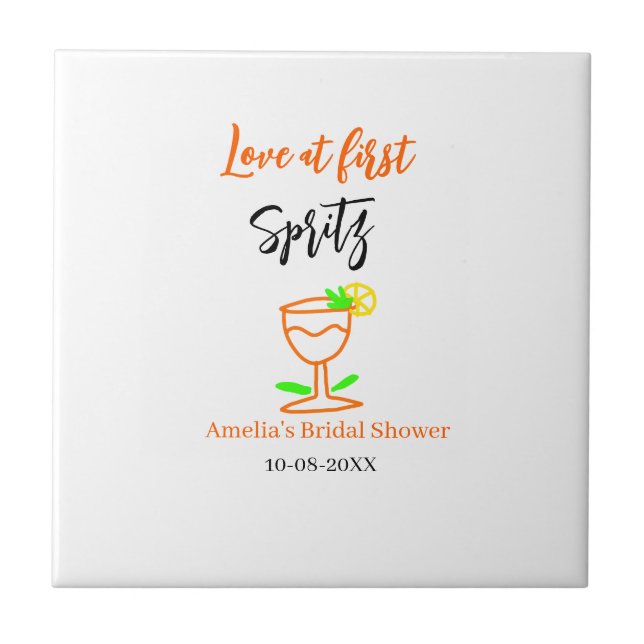 Love at first spritz orange black bridal shower gl tile (Front)