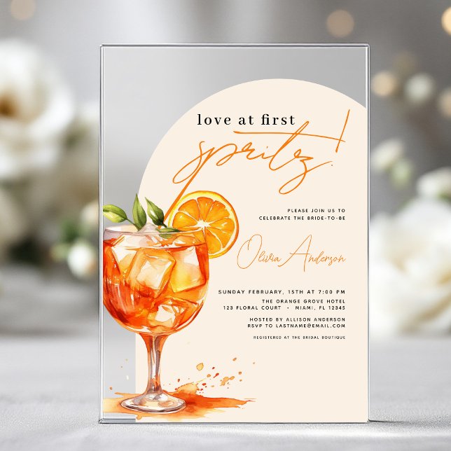Love at First Spritz Orange Bridal Shower  Acrylic Invitations (Creator Uploaded)