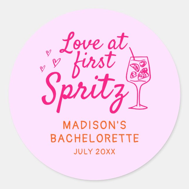Love At First Spritz Pink Orange Bachelorette Classic Round Sticker (Front)