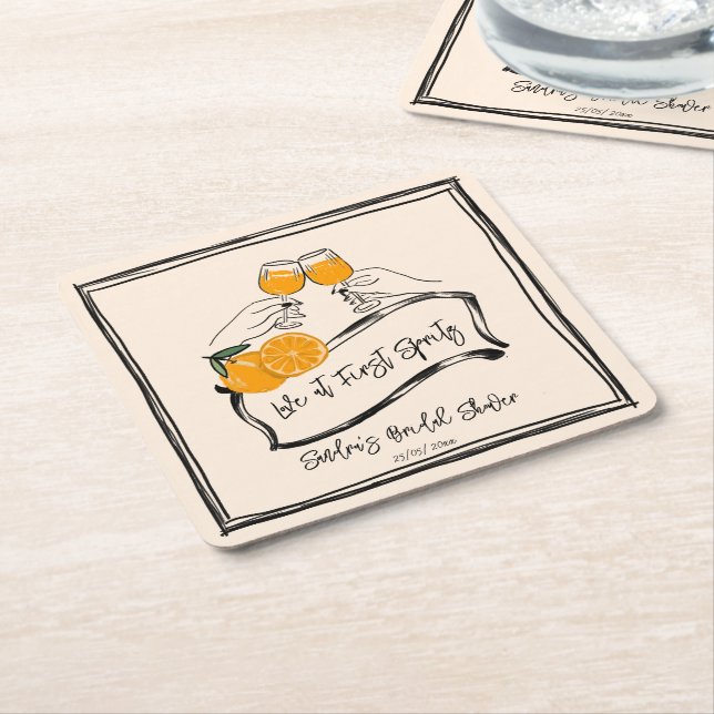 Love at first spritz retro bridal shower favours square paper coaster (Angled)