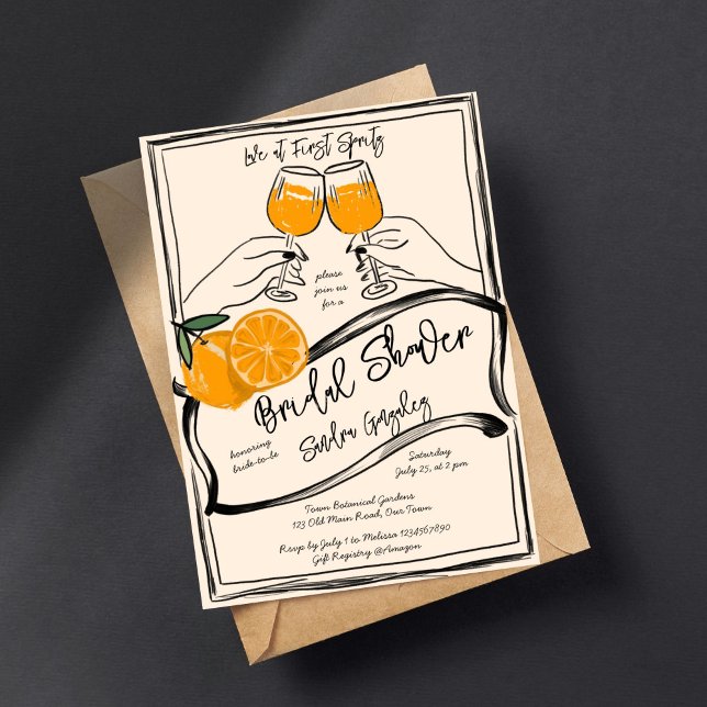 Love at first spritz retro orange sketch invitation (Love at first spritz retro orange rough sketch bridal shower invitation template digital download )