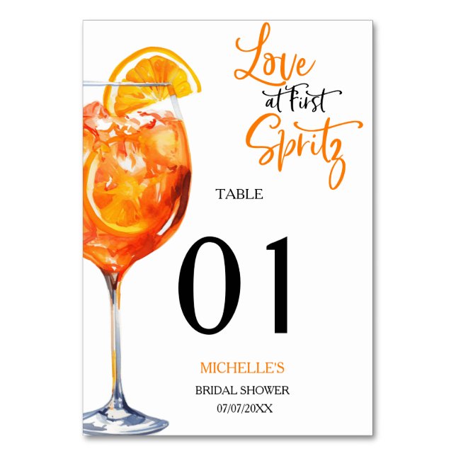 Love at First Spritz Summer Cocktail Bridal Shower Table Number (Front)