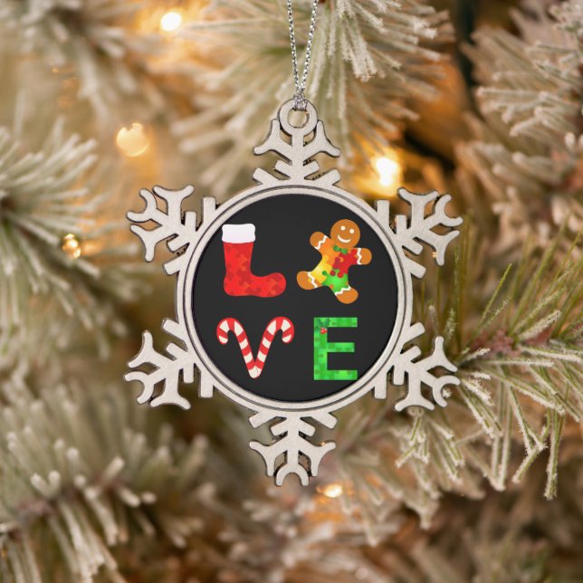 LOVE Autism Christmas Snowflake Pewter Christmas Ornament (Tree)