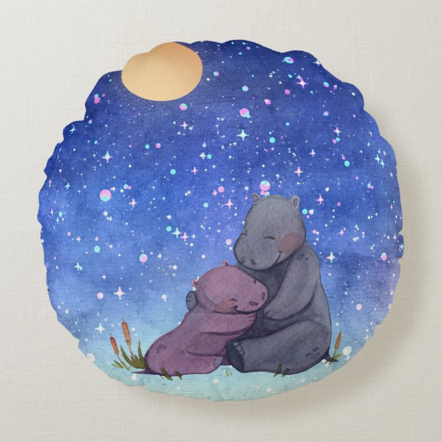 Love, Baby Hippo and her Mother Round Cushion (Front)