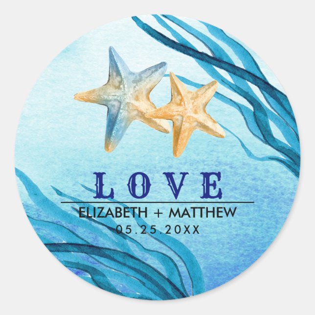 Love. Beach Starfish Custom Wedding  Classic Round Sticker (Front)