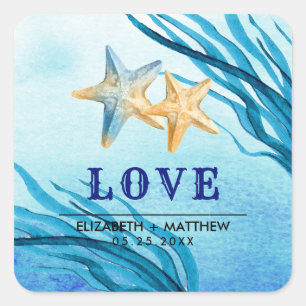 Love. Beach Starfish Custom Wedding  Square Sticker